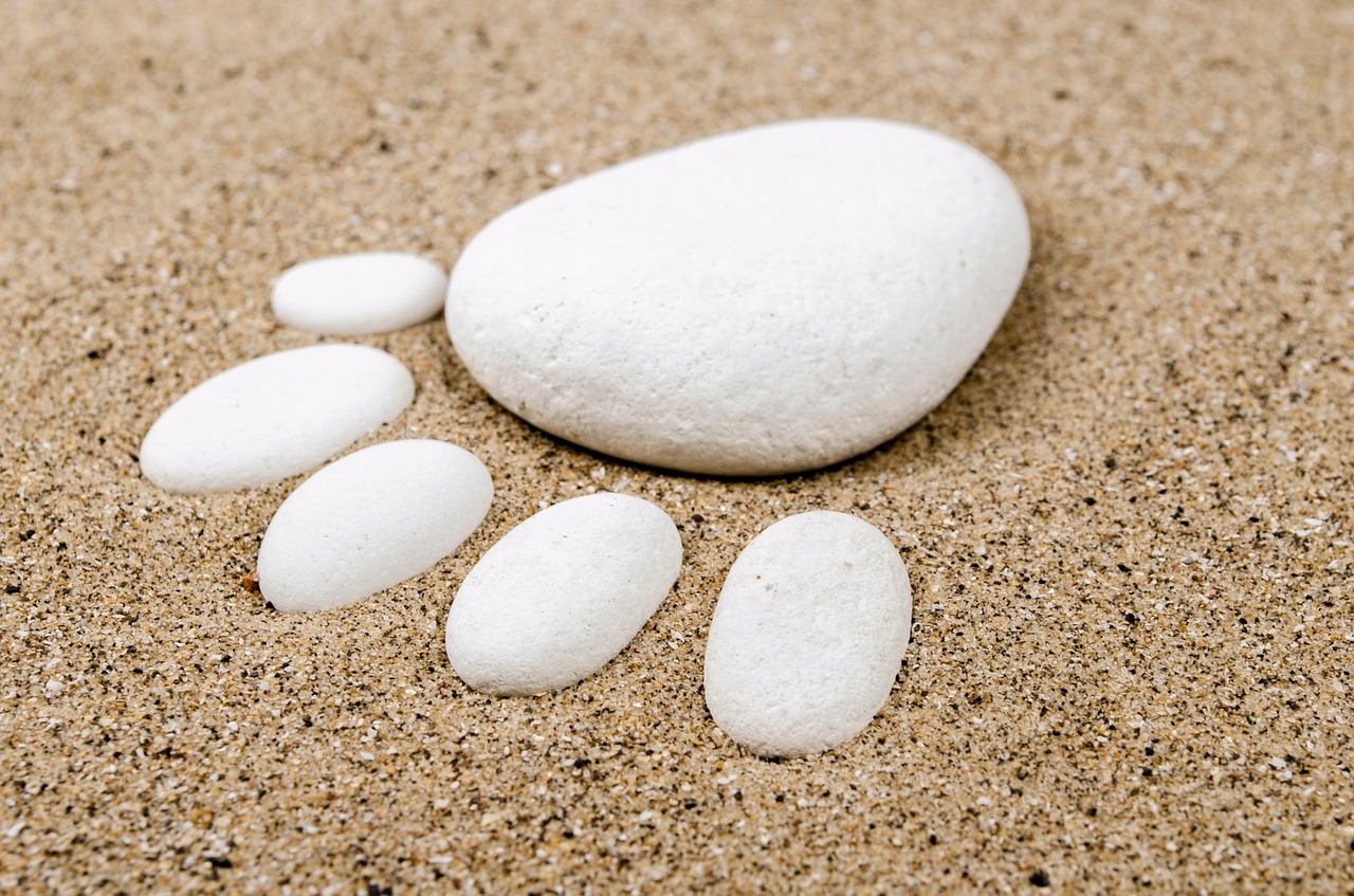 砂浜にある石で肉球をつくる